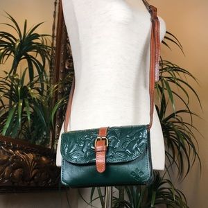 Patricia Nash Torri Tooled Green Leather Crossbody Bag w/ Adjustable Strap